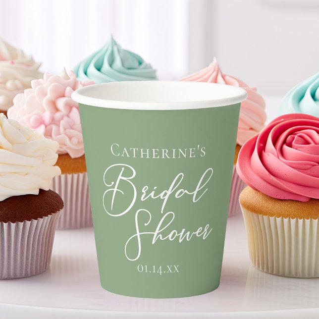 Sage Green Bridal Shower Personalised White Script Paper Cups (Creator Uploaded)