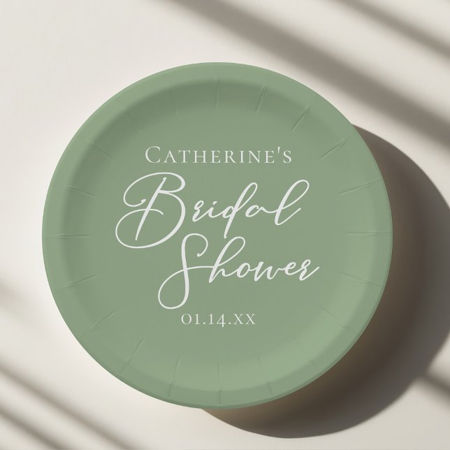 Sage Green Bridal Shower Personalised White Script Paper Plate (Creator Uploaded)