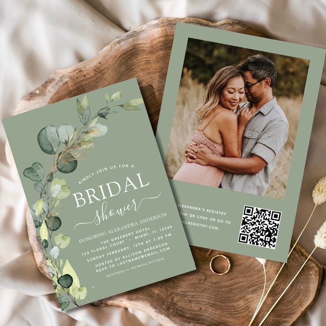 Sage Green Bridal Shower QR Code Photo Eucalyptus Invitation (Creator Uploaded)