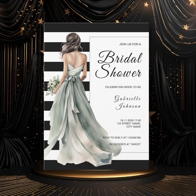 Sage Green Bride Black White Stripes Bridal Shower Invitation (Creator Uploaded)