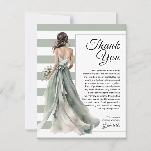Sage Green Bride Stripes Polka Dot Bridal Shower Thank You Card (Front)