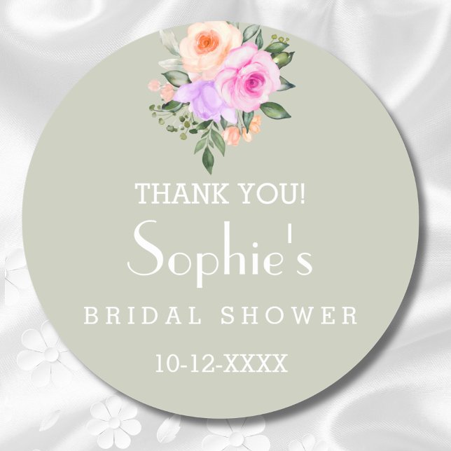 Sage Green Bright Floral Bridal Shower Thank You   Classic Round Sticker (Creator Uploaded)