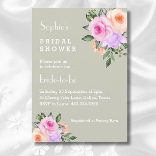 Sage Green Bright Floral Pink Roses Bridal Shower Invitation