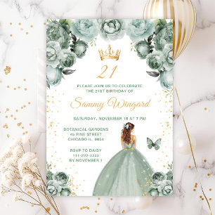Sage Green Brown Hair Princess Birthday Party Invitation
