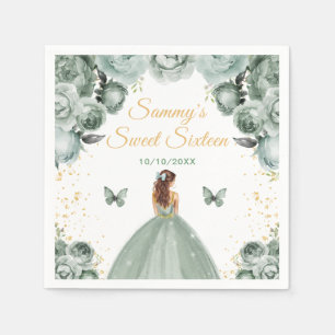 Sage Green Brown Hair Princess Sweet Sixteen Napkin