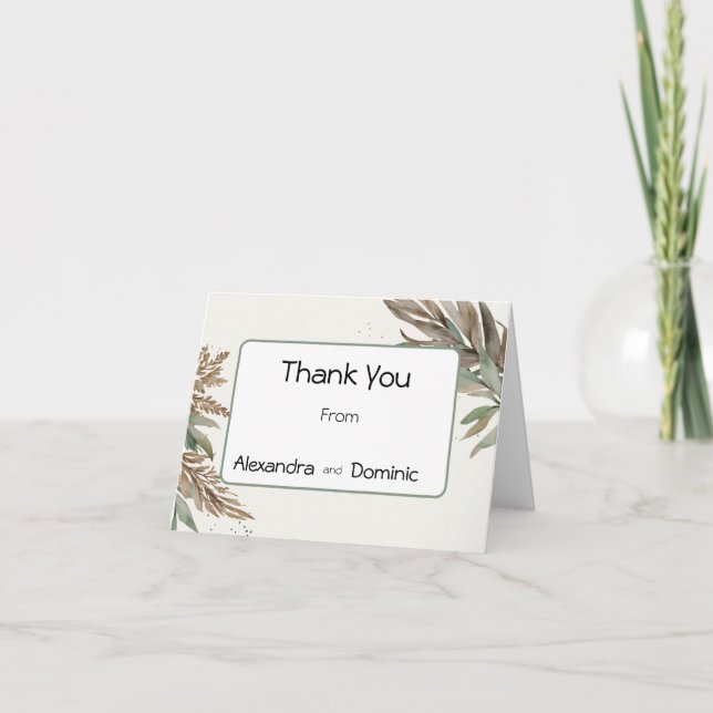 Sage green, brown leaf spray rustic thank you card (Front)
