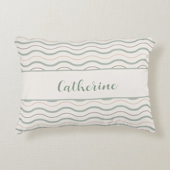 Sage Green & Brown Nautical Waves Decor Decorative Cushion (Front)