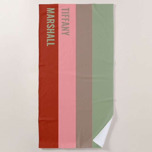 Sage Green Brown Pink Red Stripes Pattern Name Beach Towel (Front)