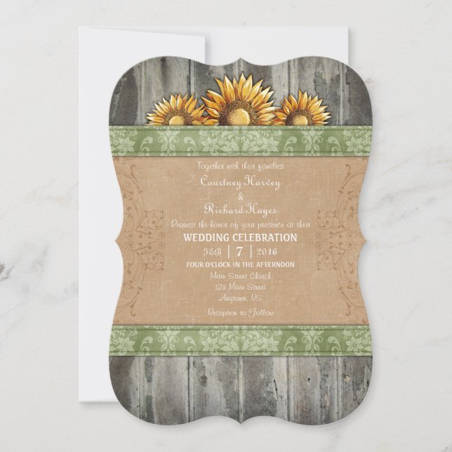 Sage Green Brown Rustic Sunflower Wedding Invite (Front)