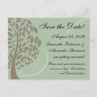 Sage Green, Brown Stylised Eco Tree Save the Date Announcement Postcard