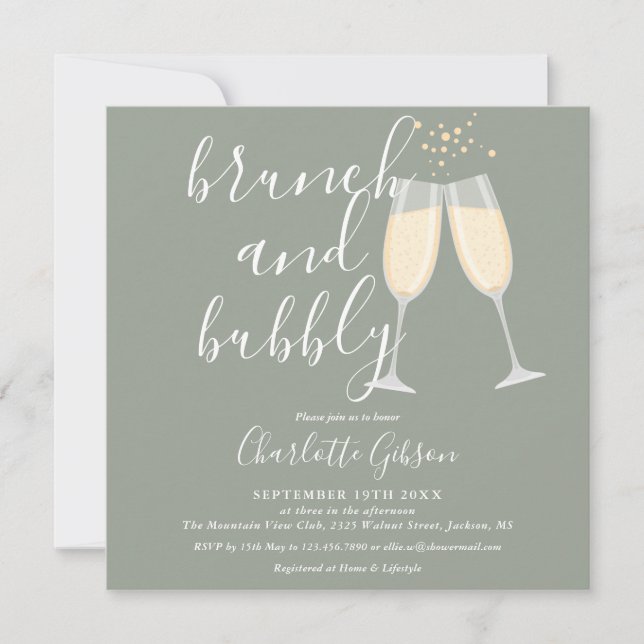 Sage Green Brunch Bubbly Script Bridal Shower Invitation (Front)