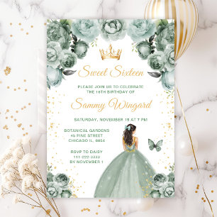 Sage Green Brunette Hair Princess Sweet Sixteen Invitation
