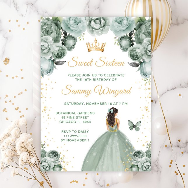 Sage Green Brunette Hair Princess Sweet Sixteen Invitation (Creator Uploaded)