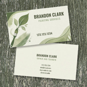 Sage Green Brush Sprouting Leafy Vine Painting Business Card