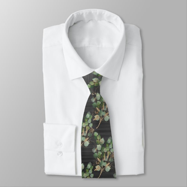 SAGE GREEN BRUSHED METAL BLACK BOTANICAL MENS TIE (Tied)