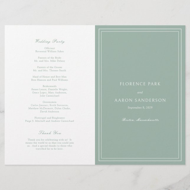 Sage Green Budget Catholic Wedding Program Flyer (Front)
