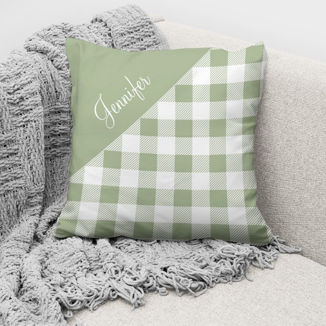 Sage Green Buffalo Plaid Check Pattern Name Cushion (Creator Uploaded)