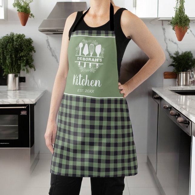 Sage Green Buffalo Plaid Kitchen Name Apron (Creator Uploaded)