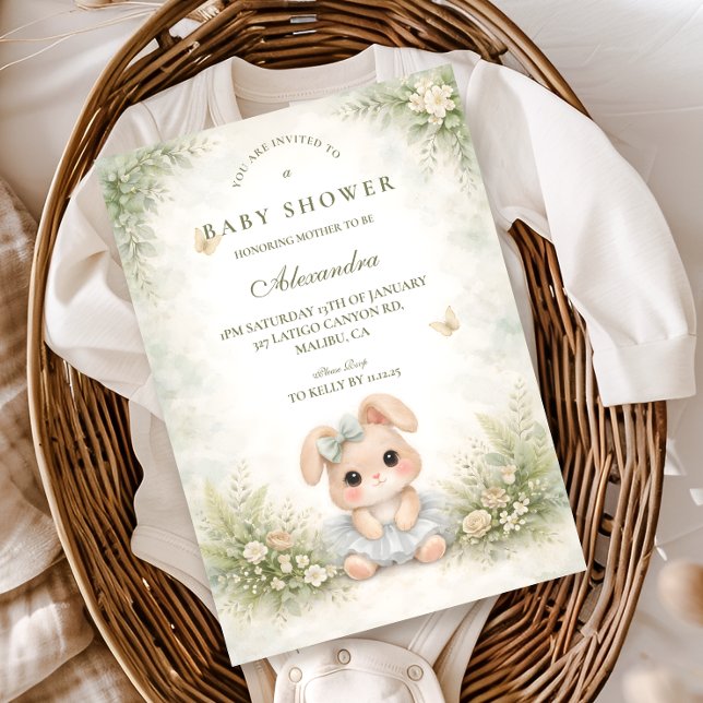 Sage Green Bunny Floral Baby Shower Invitation (Creator Uploaded)