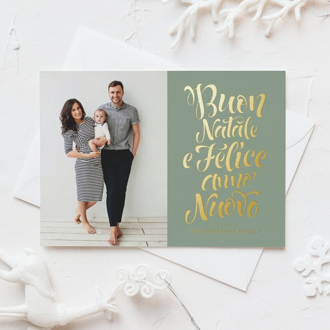 Sage Green Buon Natale Calligraphy Christmas Photo Foil Holiday Postcard (Creator Uploaded)