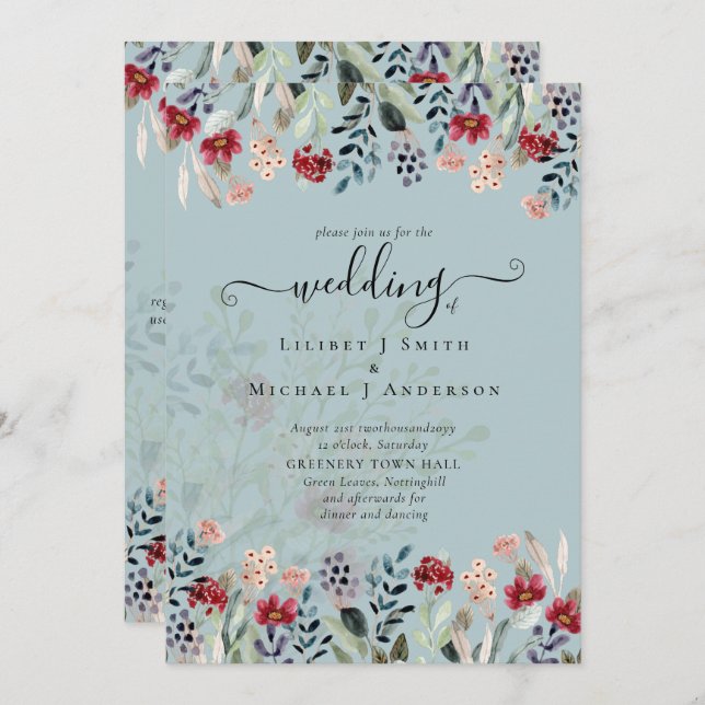 Sage Green Burgundy Blue Floral Wedding (Front/Back)