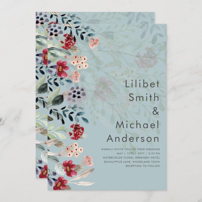 Sage Green Burgundy Blue Floral Wedding Invitation (Front/Back)