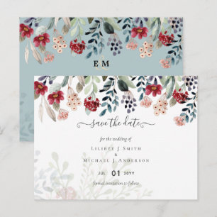 Sage Green Burgundy Blue Floral Wedding Postcard