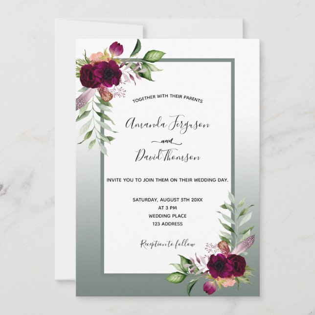 Sage green burgundy bogo florals wedding invitation (Front)