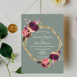 Sage green burgundy florals gold geometric wedding invitation