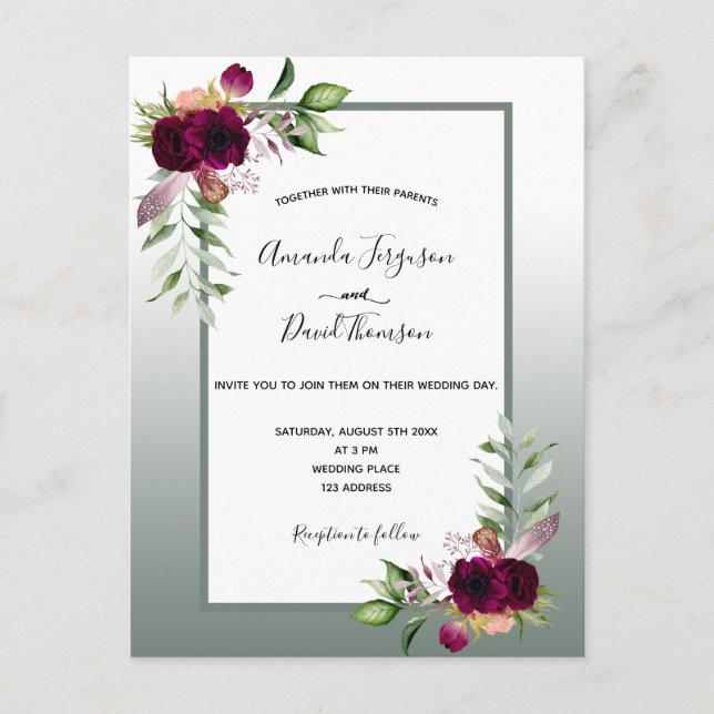 Sage green burgundy florals wedding invitation postcard (Front)