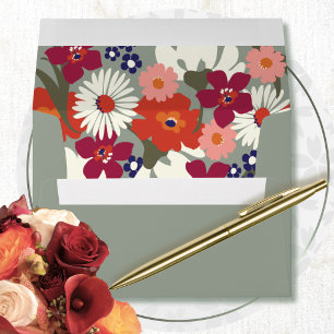 Sage Green Burgundy Orange Retro Floral Wedding Envelope