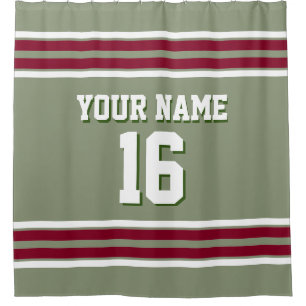 Sage Green Burgundy White Stripes Sports Jersey Shower Curtain