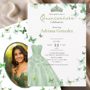 Sage Green Butterflies Dress Tiara Quinceanera Invitation