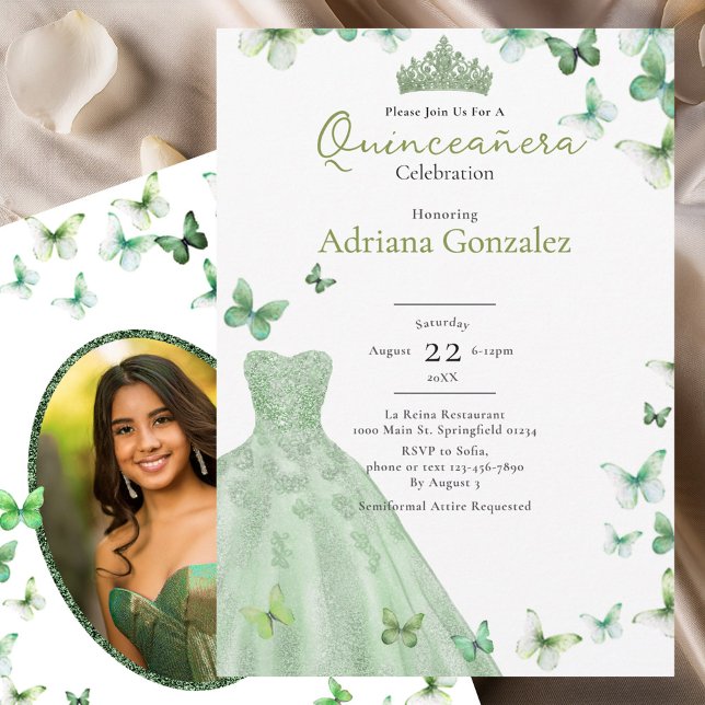 Sage Green Butterflies Dress Tiara Quinceanera Invitation (Creator Uploaded)