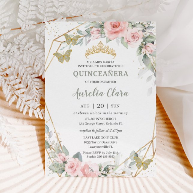 Sage Green Butterflies Pink Floral Quinceañera Invitation (Creator Uploaded)