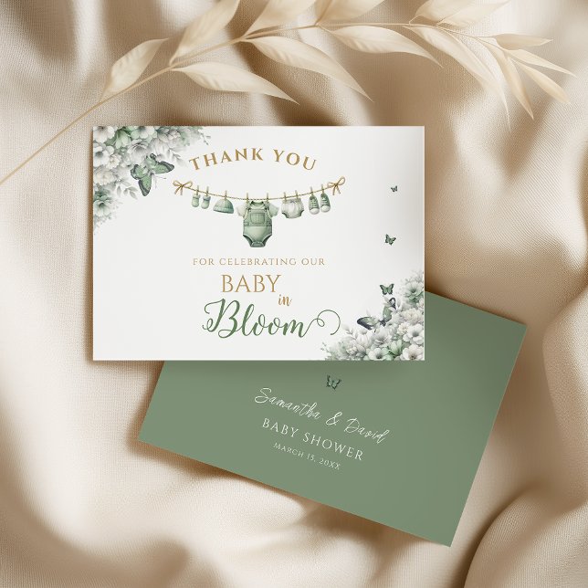 Sage Green Butterfly Floral Baby in Bloom Thank You Card (Creator Uploaded)