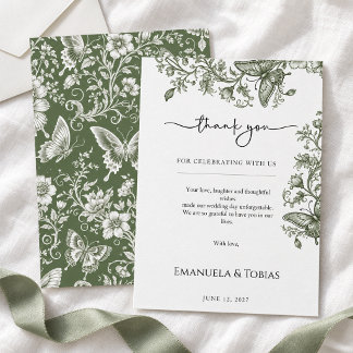 Sage Green Butterfly Floral Toile Wedding Thank You Card