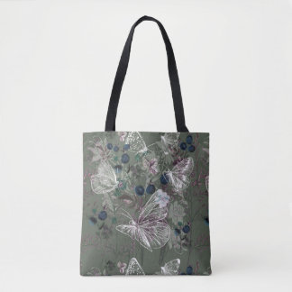 Sage Green Butterfly Floral Tote Bag