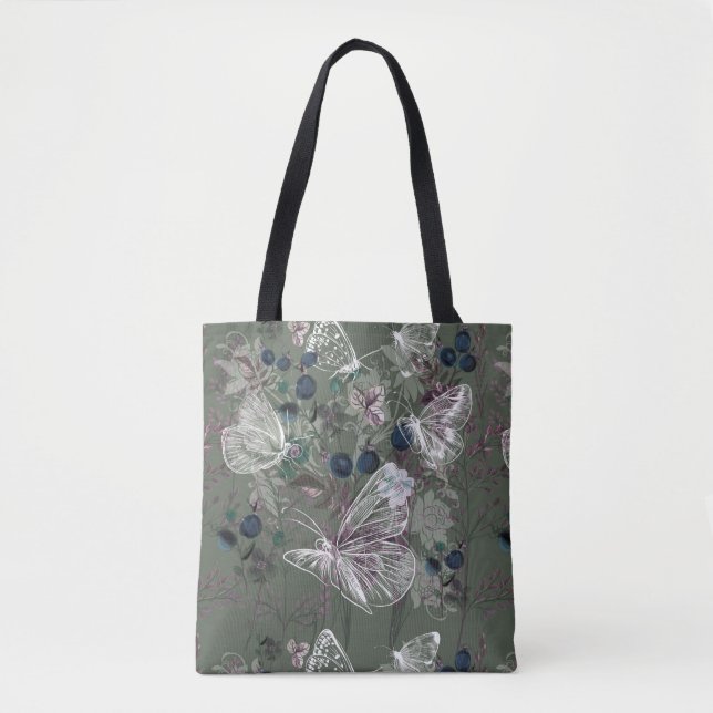 Sage Green Butterfly Floral Tote Bag (Front)
