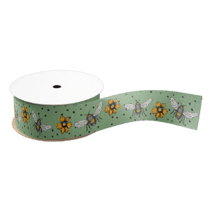 Sage Green Buzzing Bees & Cosmos Flower Blooms Grosgrain Ribbon