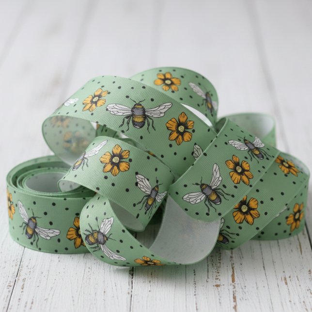 Sage Green Buzzing Bees & Cosmos Flower Blooms Grosgrain Ribbon (Green & Black Polka Dots Floral Insect Bee Ribbon. Vintage Honeybee & Yellow Flowers Nature Pattern)