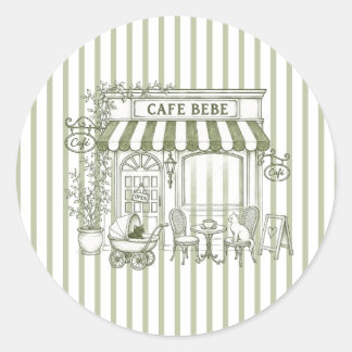 Sage Green Cafe Bebe Kitten Baby Shower Classic Round Sticker