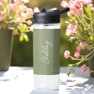 Sage Green Calligraphy Handwriting Name Water Bottle