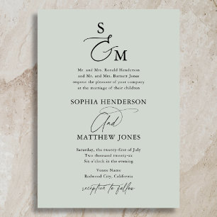 Sage Green Calligraphy Monogram Formal Wedding Invitation