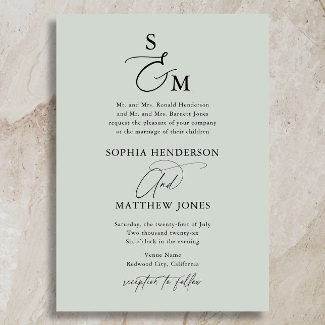 Sage Green Calligraphy Monogram Formal Wedding Invitation (Creator Uploaded)
