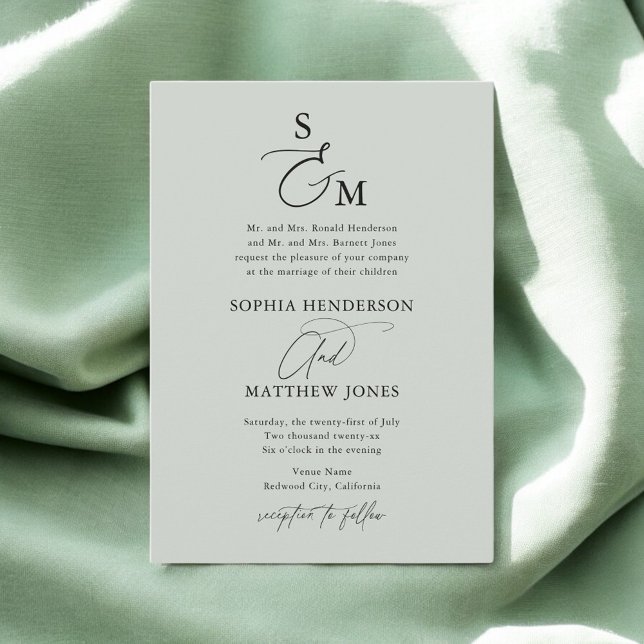 Sage Green Calligraphy Monogram Formal Wedding Invitation (Creator Uploaded)