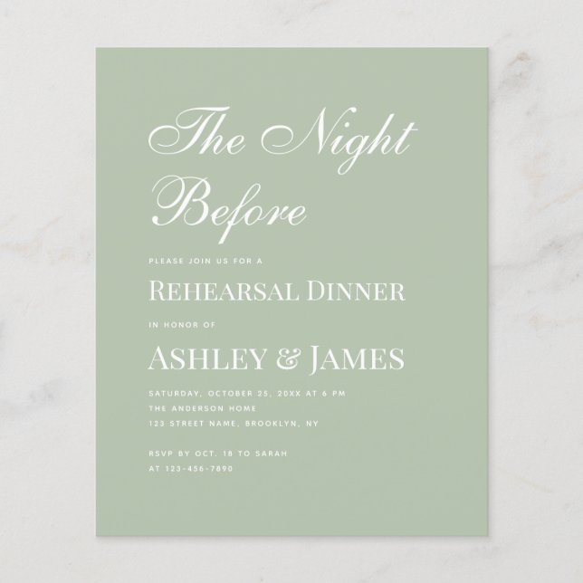 Sage Green Calligraphy Rehearsal Dinner Invitation (Front)