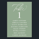 Sage Green Calligraphy Seating Chart Table Number<br><div class="desc">Elegant white calligraphy "table",  with guest names listed and table number,  wedding table number seating chart card. Background colour shown in sage green,  can be customised.</div>