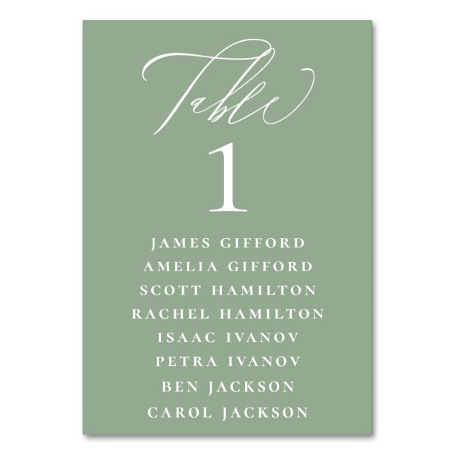 Sage Green Calligraphy Seating Chart Table Number (Front)