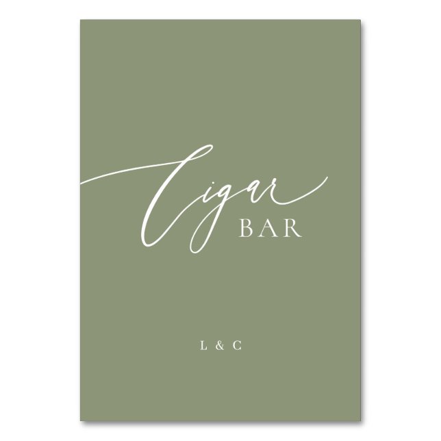 Sage Green Calligraphy Wedding Cigar Bar Sign Table Number (Front)